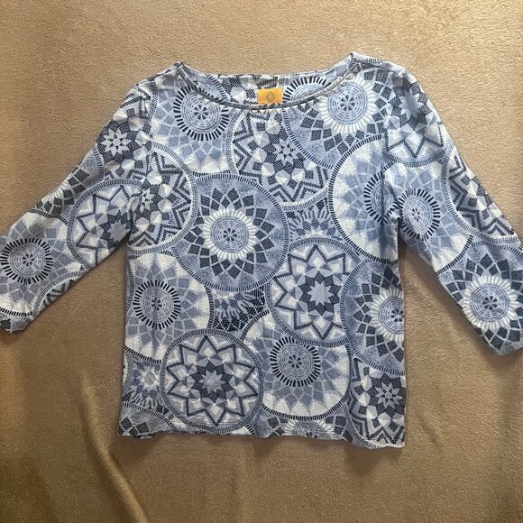 Ruby Rd Women Medium Blue Gray White Geometric Abstract‎ 3/4 Sleeve BOHO Blouse - Picture 1 of 6